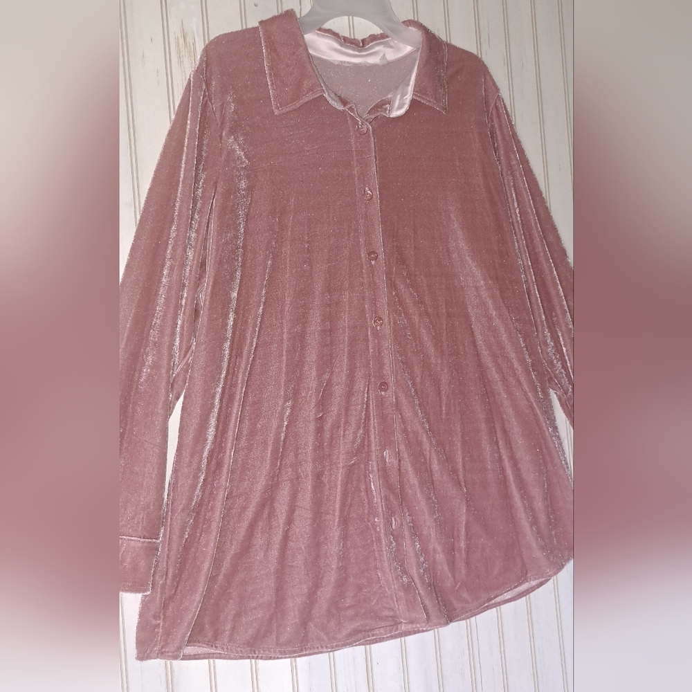 Ladies Soft Surroundings Soft Rose Velvet Tunic Top 1X Button Front Long Sleeve - Picture 2 of 9